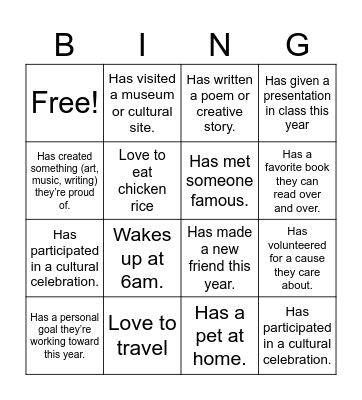 Welcome back! Bingo Card