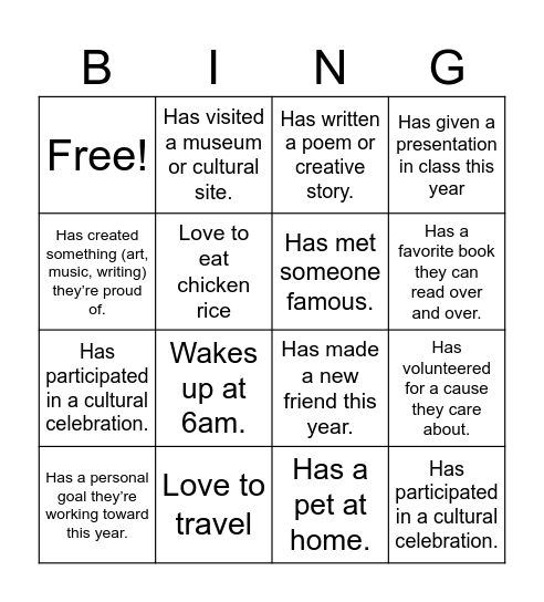 Welcome back! Bingo Card