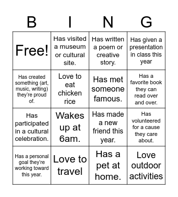 Welcome back! Bingo Card