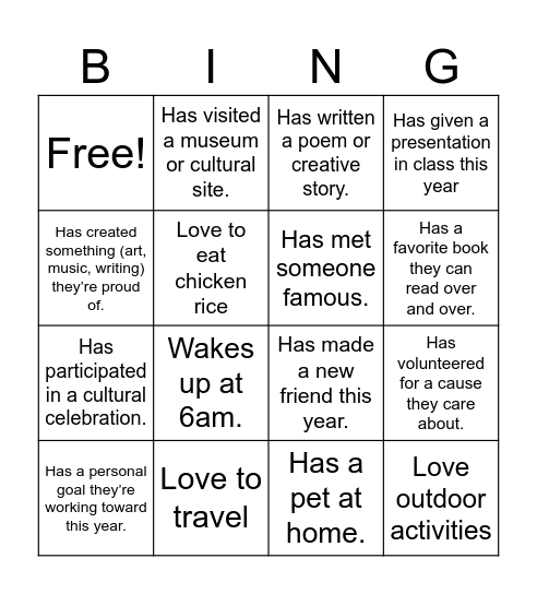 Welcome back! Bingo Card