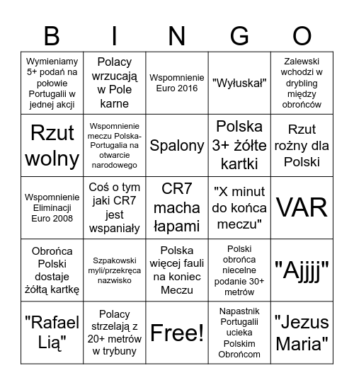 Polska Portugalia Liga Narodów Bingo Card