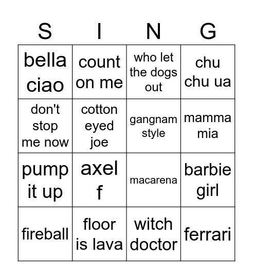 Kids Music Bingo Card