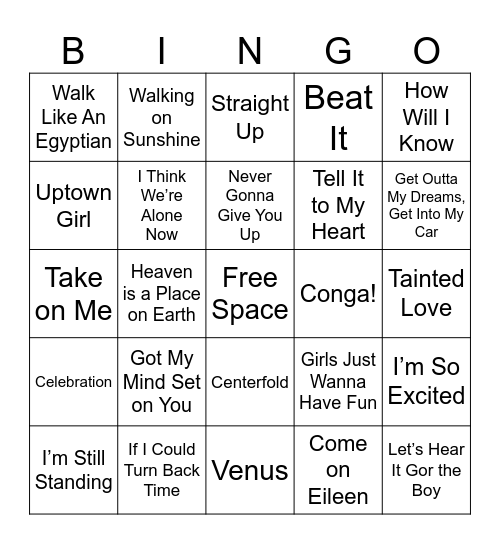 80’s Party Songs Bingo Card