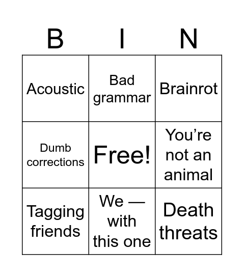 Hate comment Bingo Card
