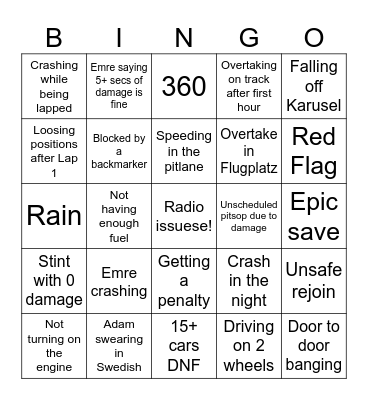 24h Nordschleife Bingo Card