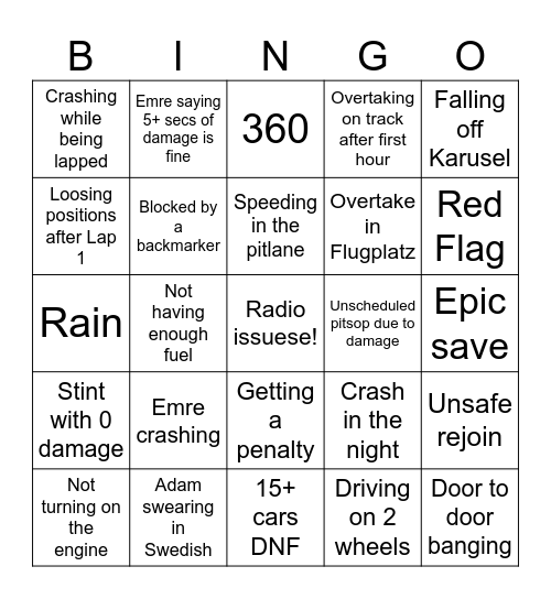 24h Nordschleife Bingo Card