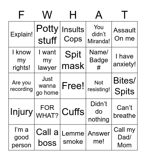 Arrest Bingo Card