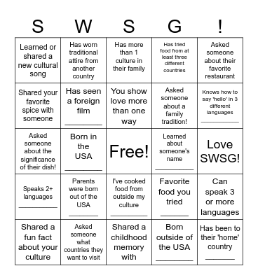 Cultural Diversity Bingo Card