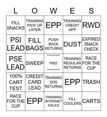 Cashier Bingo Card