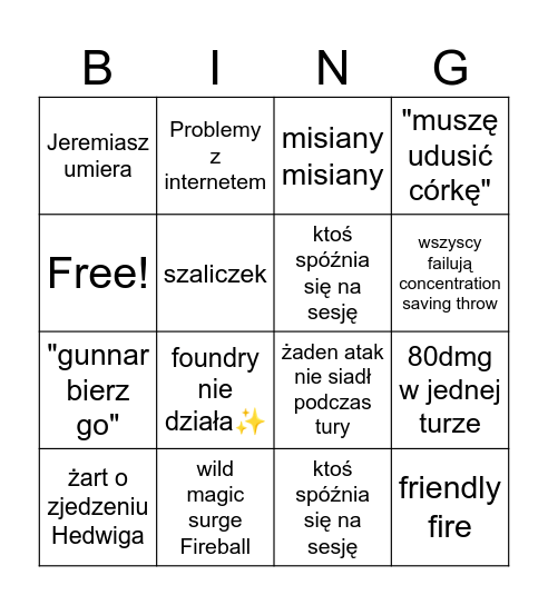 Finał aktu I: Grupa 1 Bingo Card