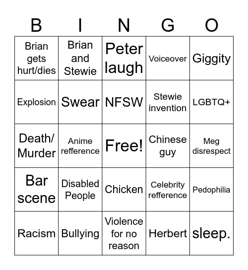 Family Guy Bingo Card