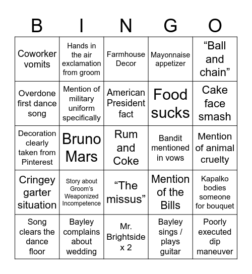 Bayley Wedding Bingo Card