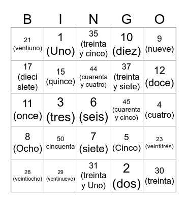 Spanish number bingo! Bingo Card