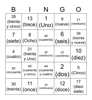 Spanish number bingo! Bingo Card