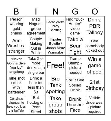 Bar Hopping Bingo Card