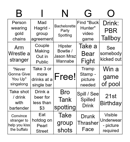 Bar Hopping Bingo Card