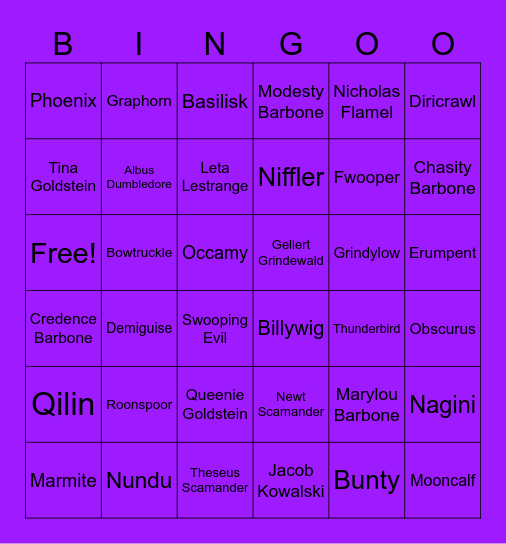 Fantastic Beasts Bingo Card