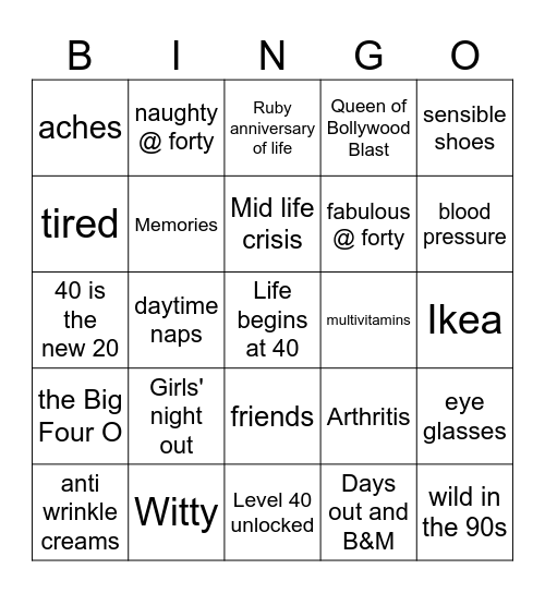 Seema's 40th Bingo Card