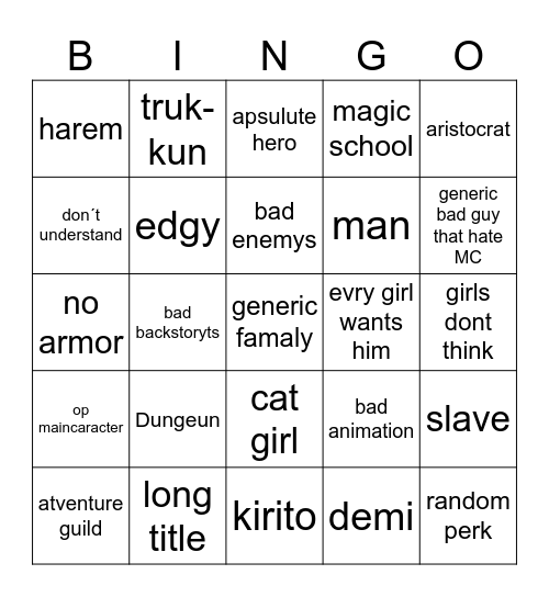 isekai Bingo Card