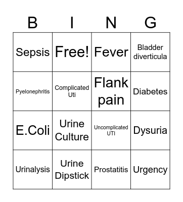 UTI Bingo Card