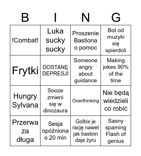 Today DND sesh Bingo Card