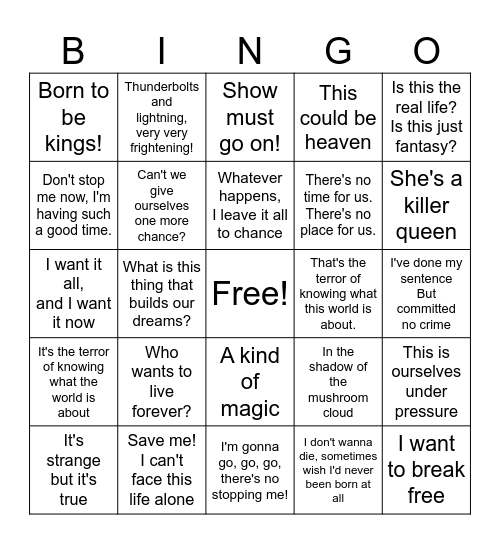 Queen bingo board Bingo Card