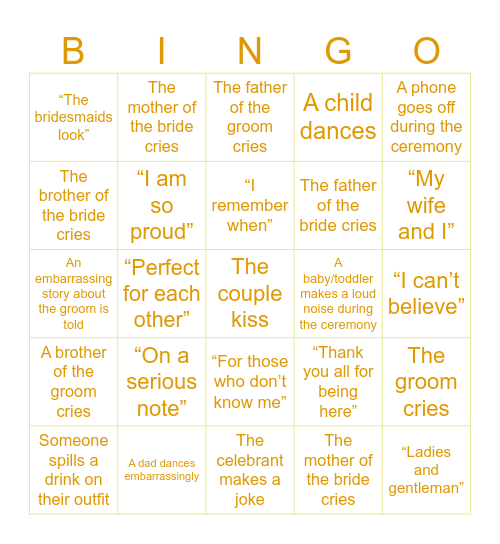 Jodie and Chester's Wedding Bingo Card