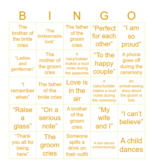 Jodie and Chester's Wedding Bingo Card