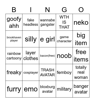 roblox avatar bingo Card