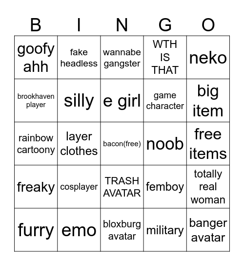 roblox avatar bingo Card