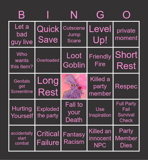 Hentakel Party Baldur's Gate 3 Bingo Card