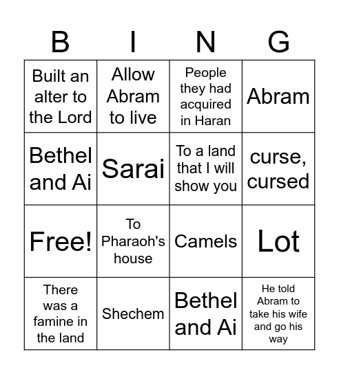 Genesis Ch 12 Bingo Card