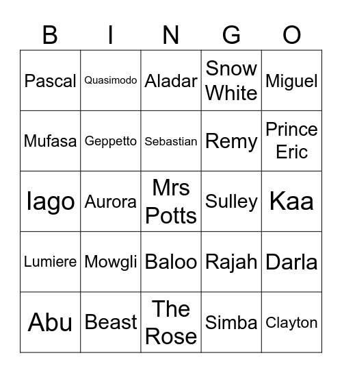 Animations Bingo Card