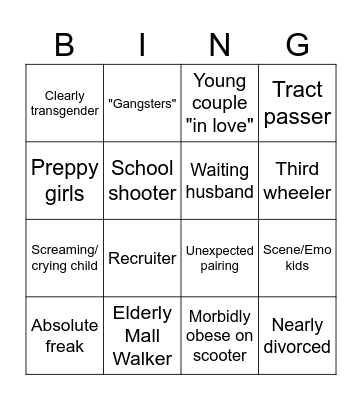 Mall Watching Bingo Card