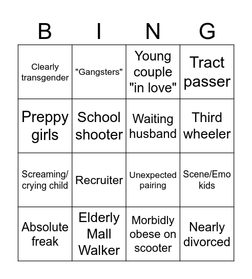 Mall Watching Bingo Card