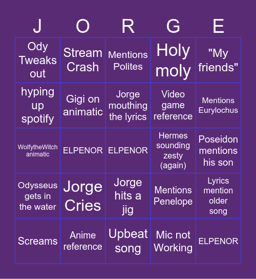 Epic: Vengeance Saga Bingo Card