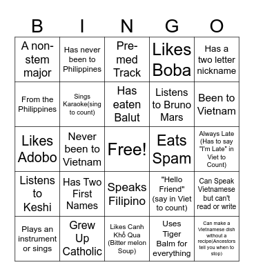 VSAxFASO Street Eats Bingo Card