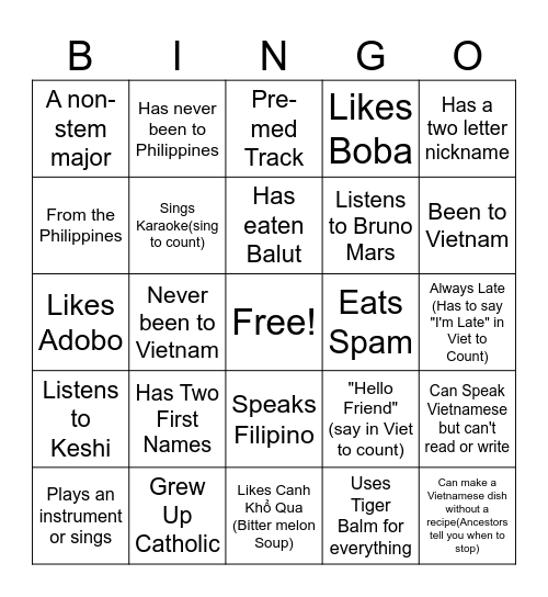VSAxFASO Street Eats Bingo Card