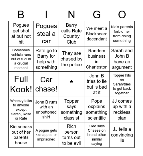 Outer Banks binge night bingo Card