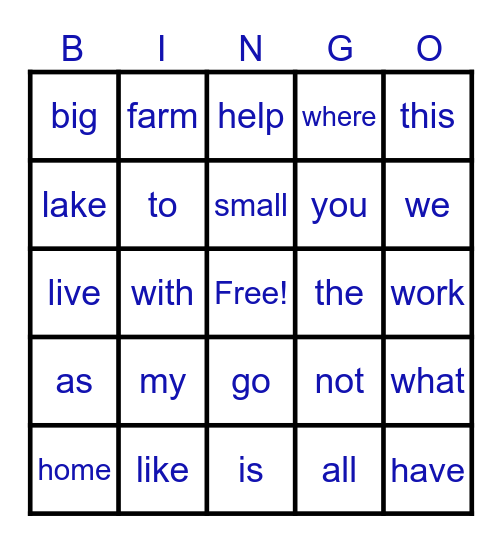 Sight Word Bingo Card