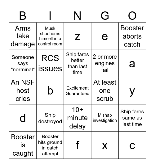 Starship IFT-5 Bingo Card