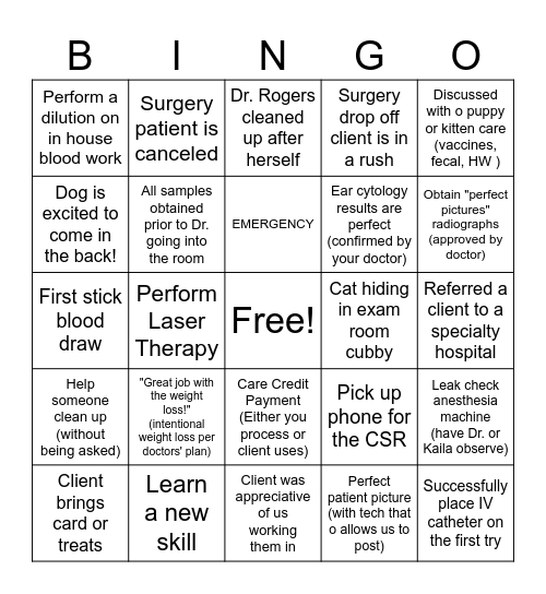 Veterinary Technician Bingo Card