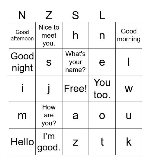NZSL - Bingo Card
