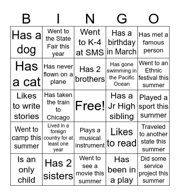 Get To Know Eachother Bingo Card