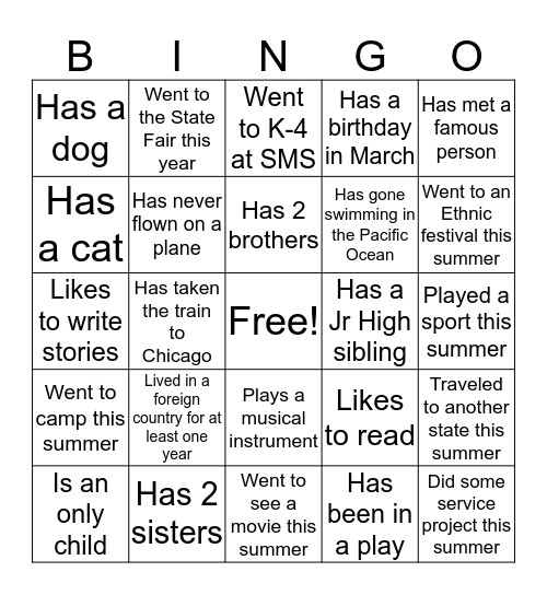 Get To Know Eachother Bingo Card