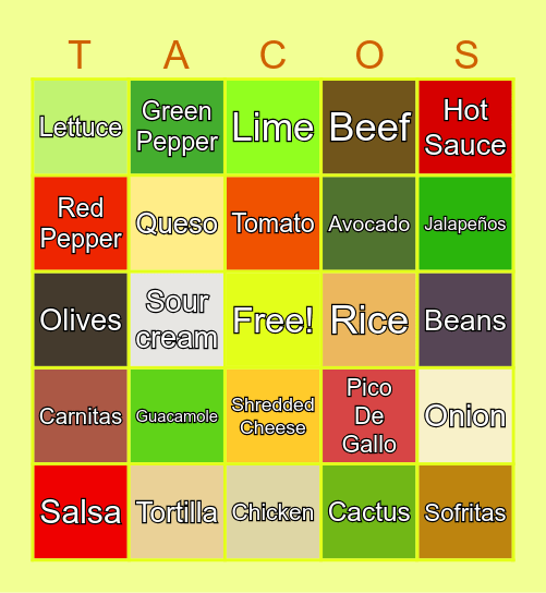 Build Your Own Taco! Bingo Card