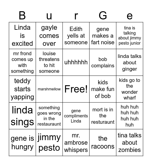 bob's burgers bingo board Bingo Card