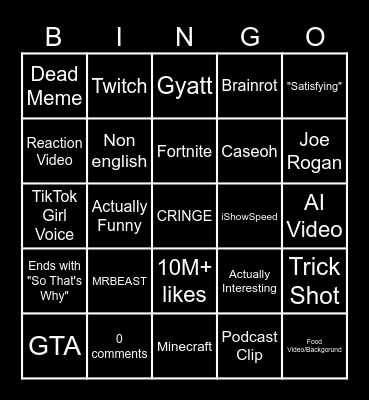 YouTube Shorts Bingo Card