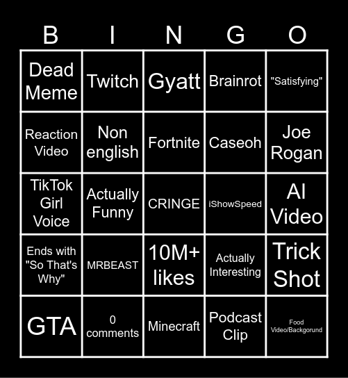 YouTube Shorts Bingo Card