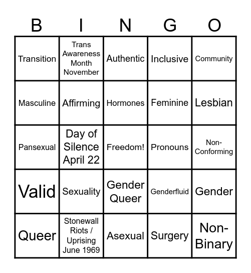 LGBTQ BINGO Card